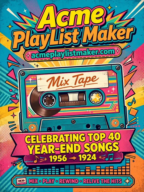 Acme Playlist Maker cassette-tape artwork celebrating Billboard year-end songs from 1956 through 2024